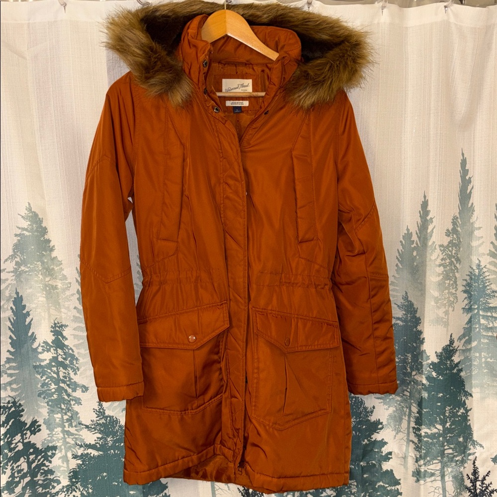 Universal Thread Puffer Jacket Fur Hood Orange Size Small Water Resistant